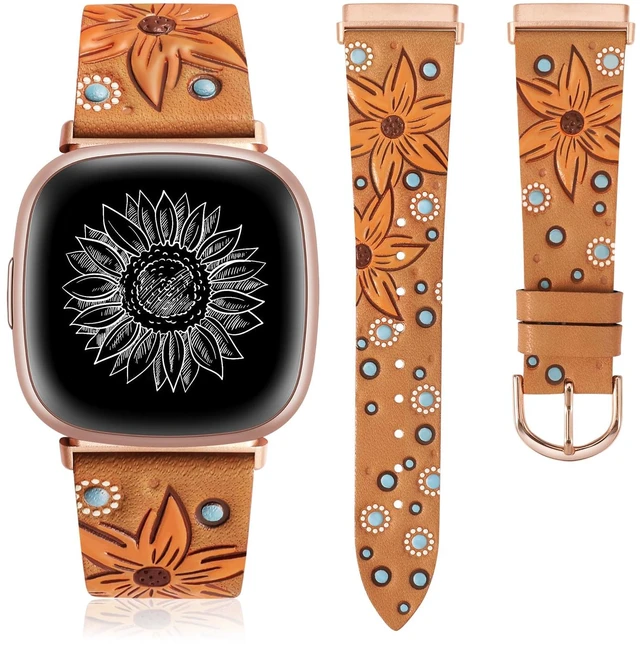 Main image of Leather Band Compatible with Fitbit Versa 4/Versa 3/Fitbit Sense 2/Sense Band Women, Boho Western Embossed Sunflower Floral Designer Cute Fancy Slim Thin Leather Strap for Versa 4 Smartwatch