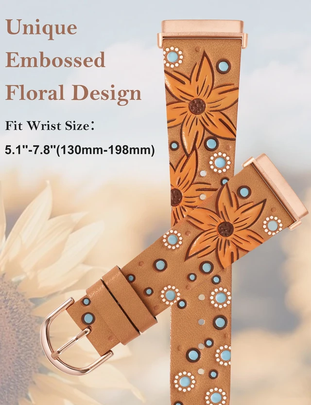 Alt view image 2 of 6 - Leather Band Compatible with Fitbit Versa 4/Versa 3/Fitbit Sense 2/Sense Band Women, Boho Western Embossed Sunflower Floral Designer Cute Fancy Slim Thin Leather Strap for Versa 4 Smartwatch