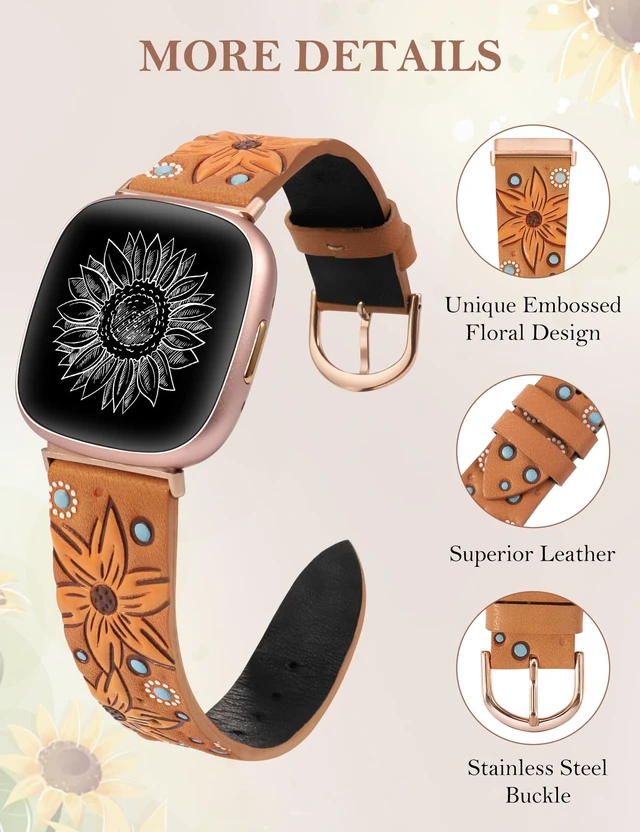 Alt view image 3 of 6 - Leather Band Compatible with Fitbit Versa 4/Versa 3/Fitbit Sense 2/Sense Band Women, Boho Western Embossed Sunflower Floral Designer Cute Fancy Slim Thin Leather Strap for Versa 4 Smartwatch