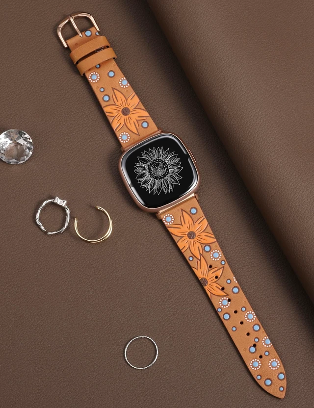 Alt view image 4 of 6 - Leather Band Compatible with Fitbit Versa 4/Versa 3/Fitbit Sense 2/Sense Band Women, Boho Western Embossed Sunflower Floral Designer Cute Fancy Slim Thin Leather Strap for Versa 4 Smartwatch