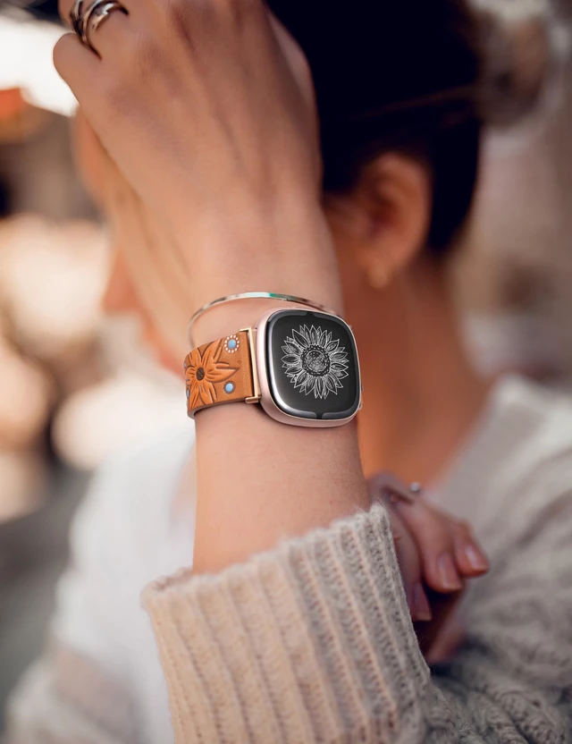 Alt view image 5 of 6 - Leather Band Compatible with Fitbit Versa 4/Versa 3/Fitbit Sense 2/Sense Band Women, Boho Western Embossed Sunflower Floral Designer Cute Fancy Slim Thin Leather Strap for Versa 4 Smartwatch