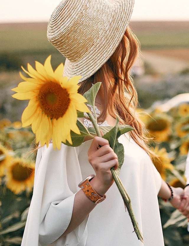 Alt view image 6 of 6 - Leather Band Compatible with Fitbit Versa 4/Versa 3/Fitbit Sense 2/Sense Band Women, Boho Western Embossed Sunflower Floral Designer Cute Fancy Slim Thin Leather Strap for Versa 4 Smartwatch