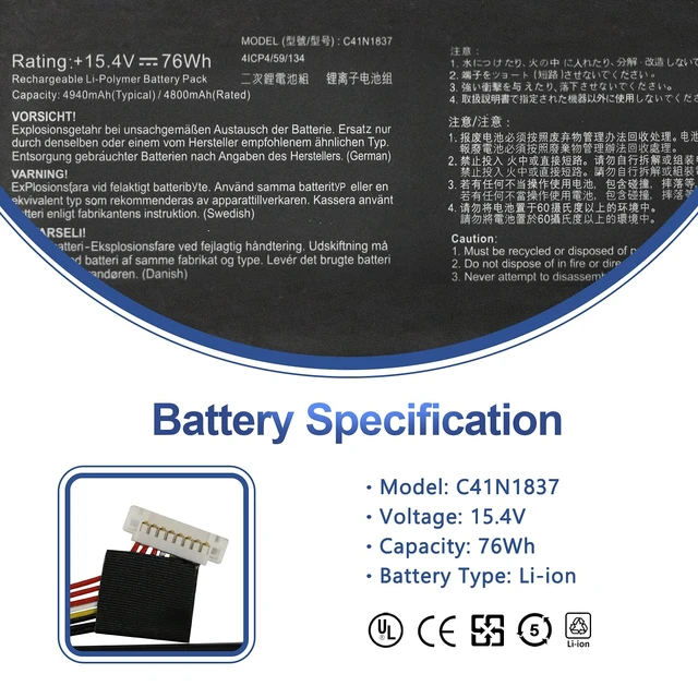Alt view image 2 of 7 - C41N1837 Battery for ASUS Rog Zephyrus GA502 GU502 GU532 GX532 GA502D GA502DU GA502GU GA502IV GU502DU GU502GV GU502LU GU502LW GU502LV GX502LXS GX502GV GX502GW GU532GU GU532GV GX532GV