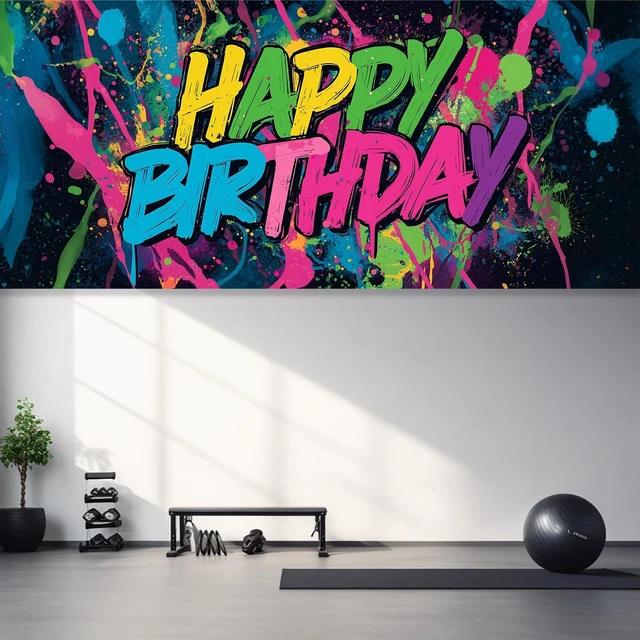 Alt view image 5 of 7 - Neon Paint Splatter Birthday Backdrop 6x13ft Waterproof -Graffiti Garage Door Banner for Teen Party,Youth Photo Booth Background Wall Decor