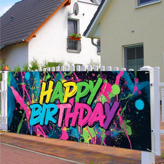 Alt view image 7 of 7 - Neon Paint Splatter Birthday Backdrop 6x13ft Waterproof -Graffiti Garage Door Banner for Teen Party,Youth Photo Booth Background Wall Decor