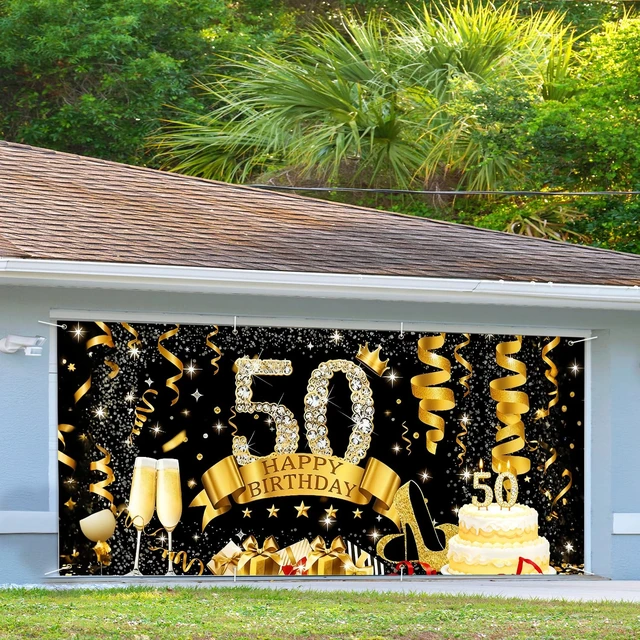 Alt view image 3 of 7 - 50th Birthday Garage Door Banner Cover 6x13ft Waterproof -Gold Glitter Diamond Backdrop, Luxury Milestone Party Decor for Adults, Anniversary Photo Booth Background