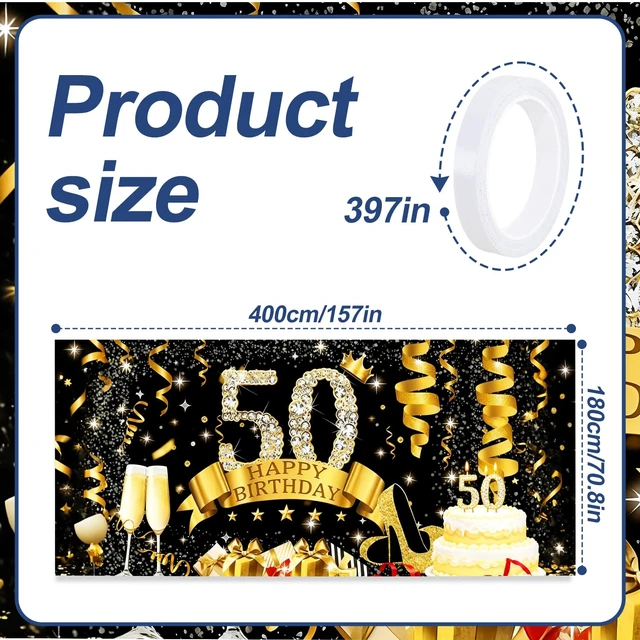 Alt view image 2 of 7 - 50th Birthday Garage Door Banner Cover 6x13ft Waterproof -Gold Glitter Diamond Backdrop, Luxury Milestone Party Decor for Adults, Anniversary Photo Booth Background