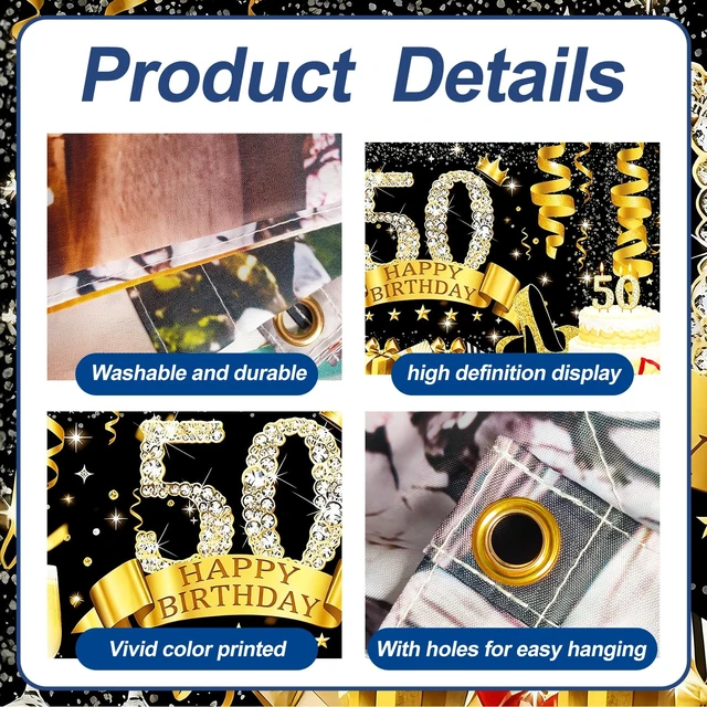 Alt view image 4 of 7 - 50th Birthday Garage Door Banner Cover 6x13ft Waterproof -Gold Glitter Diamond Backdrop, Luxury Milestone Party Decor for Adults, Anniversary Photo Booth Background