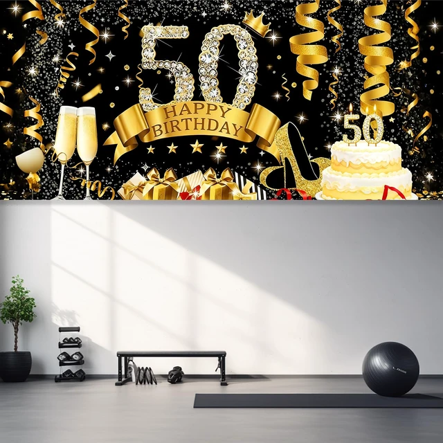 Alt view image 5 of 7 - 50th Birthday Garage Door Banner Cover 6x13ft Waterproof -Gold Glitter Diamond Backdrop, Luxury Milestone Party Decor for Adults, Anniversary Photo Booth Background