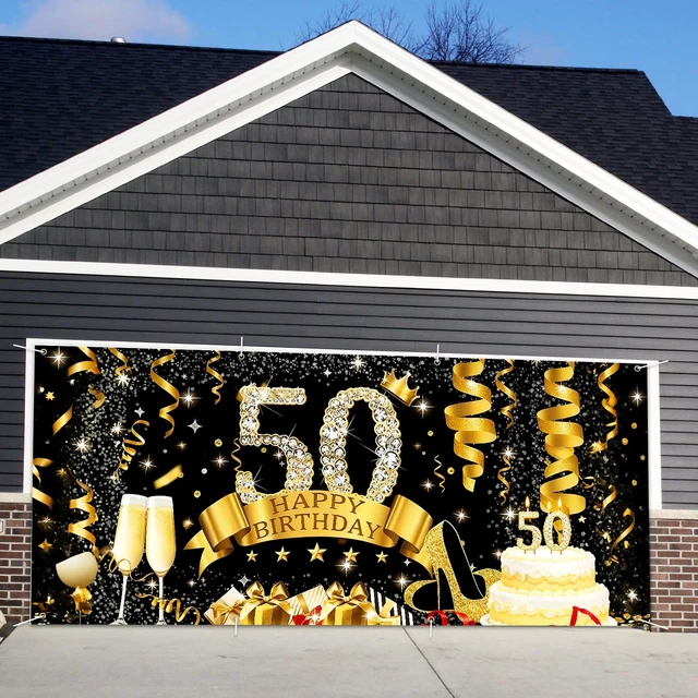 Alt view image 6 of 7 - 50th Birthday Garage Door Banner Cover 6x13ft Waterproof -Gold Glitter Diamond Backdrop, Luxury Milestone Party Decor for Adults, Anniversary Photo Booth Background