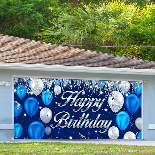 Alt view image 3 of 7 - Happy Birthday Garage Door Banner Backdrop 6x13 FT Waterproof - Blue&Silver Balloon Banner for Adult Party Decor,Men Women Outdoor Indoor Photo Background