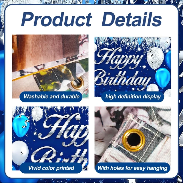 Alt view image 4 of 7 - Happy Birthday Garage Door Banner Backdrop 6x13 FT Waterproof - Blue&Silver Balloon Banner for Adult Party Decor,Men Women Outdoor Indoor Photo Background