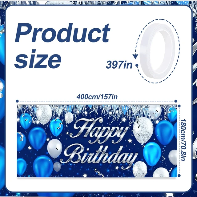 Alt view image 2 of 7 - Happy Birthday Garage Door Banner Backdrop 6x13 FT Waterproof - Blue&Silver Balloon Banner for Adult Party Decor,Men Women Outdoor Indoor Photo Background