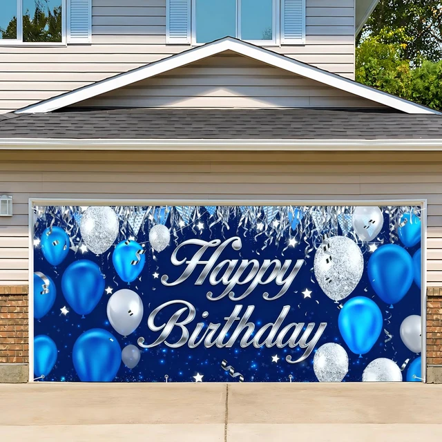 Alt view image 6 of 7 - Happy Birthday Garage Door Banner Backdrop 6x13 FT Waterproof - Blue&Silver Balloon Banner for Adult Party Decor,Men Women Outdoor Indoor Photo Background