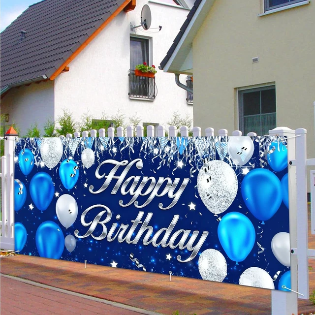 Alt view image 7 of 7 - Happy Birthday Garage Door Banner Backdrop 6x13 FT Waterproof - Blue&Silver Balloon Banner for Adult Party Decor,Men Women Outdoor Indoor Photo Background