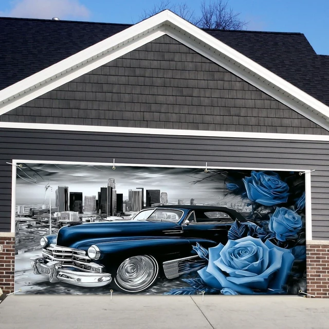 Main image of Mothers Day Garage Banner - Vintage Lowrider Car with Blue Roses Backdrop 6x13 ft, Romantic Decor for Husband,Boyfriend,Man Cave & Auto Shop,Durable Indoor Outdoor Wall Art