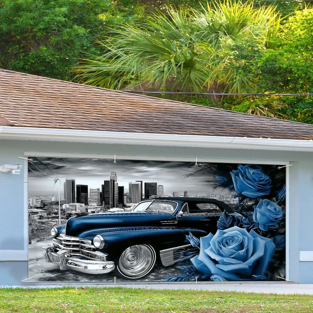 Alt view image 3 of 7 - Mothers Day Garage Banner - Vintage Lowrider Car with Blue Roses Backdrop 6x13 ft, Romantic Decor for Husband,Boyfriend,Man Cave & Auto Shop,Durable Indoor Outdoor Wall Art
