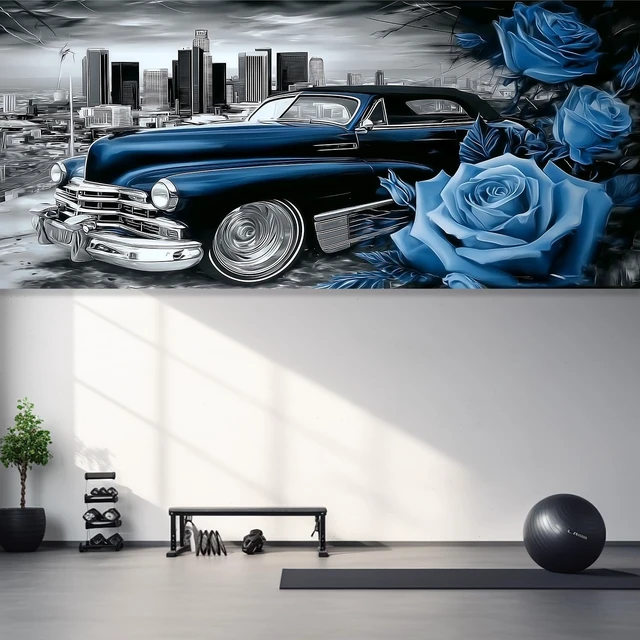 Alt view image 5 of 7 - Mothers Day Garage Banner - Vintage Lowrider Car with Blue Roses Backdrop 6x13 ft, Romantic Decor for Husband,Boyfriend,Man Cave & Auto Shop,Durable Indoor Outdoor Wall Art