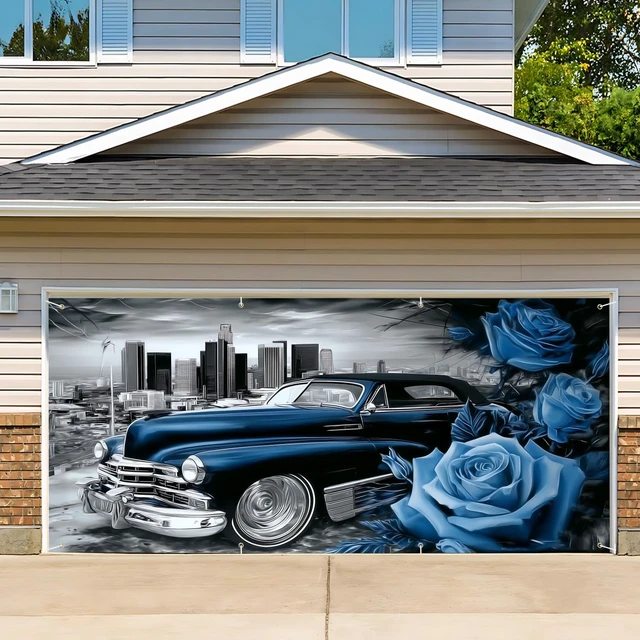 Alt view image 6 of 7 - Mothers Day Garage Banner - Vintage Lowrider Car with Blue Roses Backdrop 6x13 ft, Romantic Decor for Husband,Boyfriend,Man Cave & Auto Shop,Durable Indoor Outdoor Wall Art