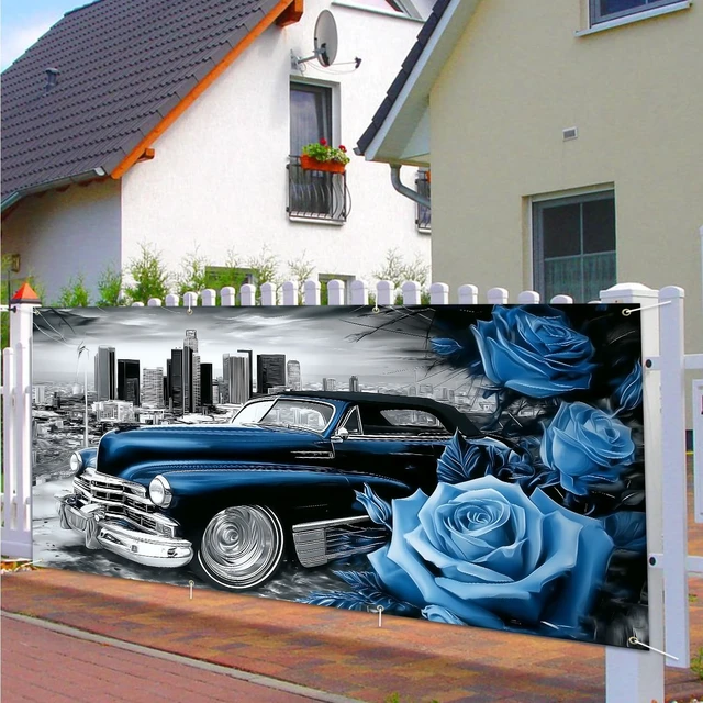 Alt view image 7 of 7 - Mothers Day Garage Banner - Vintage Lowrider Car with Blue Roses Backdrop 6x13 ft, Romantic Decor for Husband,Boyfriend,Man Cave & Auto Shop,Durable Indoor Outdoor Wall Art