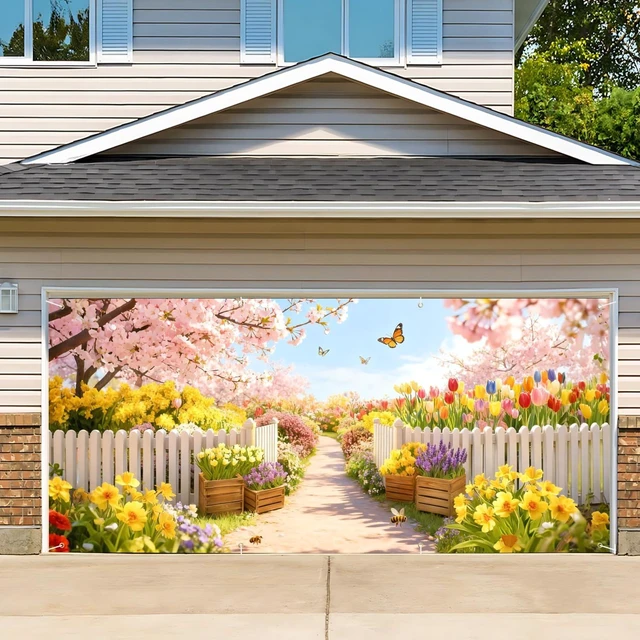 Main image of Garden Garage Door Banner Cover 6x13ft Waterproof -Cherry Blossom Floral Backdrop with Butterflies,Spring Easter Wedding Decor,Photo Booth Background