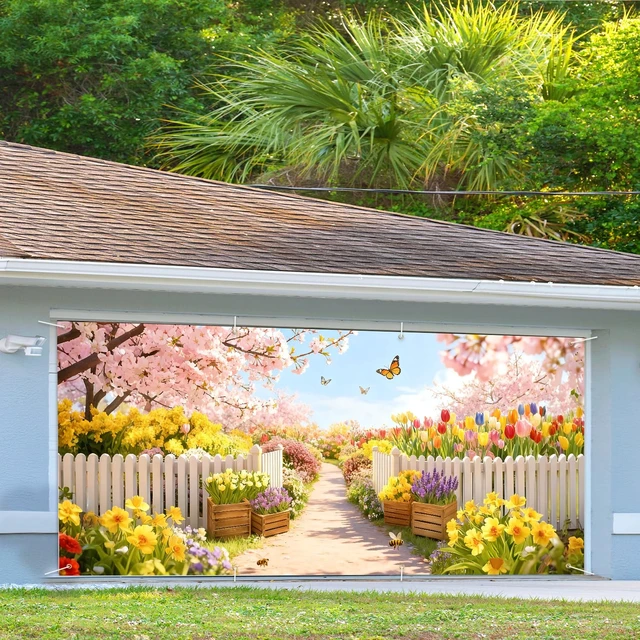 Alt view image 3 of 7 - Garden Garage Door Banner Cover 6x13ft Waterproof -Cherry Blossom Floral Backdrop with Butterflies,Spring Easter Wedding Decor,Photo Booth Background