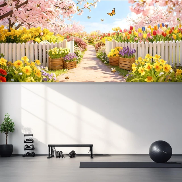 Alt view image 5 of 7 - Garden Garage Door Banner Cover 6x13ft Waterproof -Cherry Blossom Floral Backdrop with Butterflies,Spring Easter Wedding Decor,Photo Booth Background