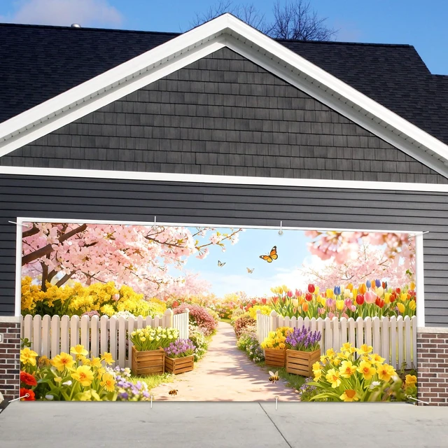 Alt view image 6 of 7 - Garden Garage Door Banner Cover 6x13ft Waterproof -Cherry Blossom Floral Backdrop with Butterflies,Spring Easter Wedding Decor,Photo Booth Background