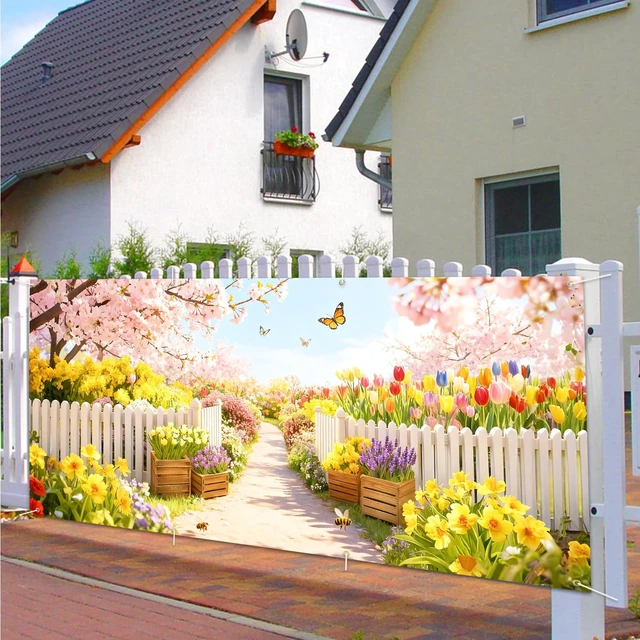 Alt view image 7 of 7 - Garden Garage Door Banner Cover 6x13ft Waterproof -Cherry Blossom Floral Backdrop with Butterflies,Spring Easter Wedding Decor,Photo Booth Background