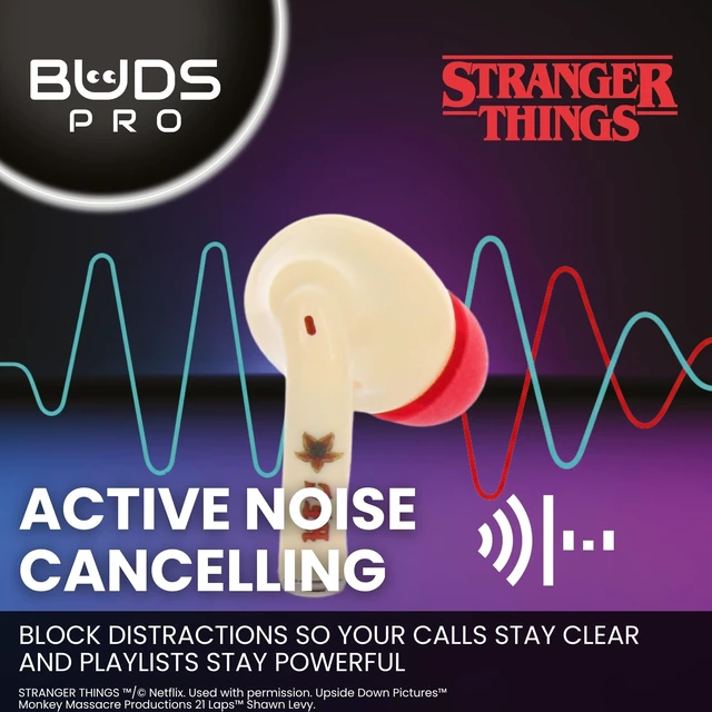 Alt view image 6 of 7 - Buds Pro Stranger Things Hellfire Club Wireless Bluetooth EarBuds & Phone Holder - In Ear Headphones with Microphone, 28+ Hours Playtime, Active Noise Cancelling Earbuds, IPX4 Rating & Charging Case