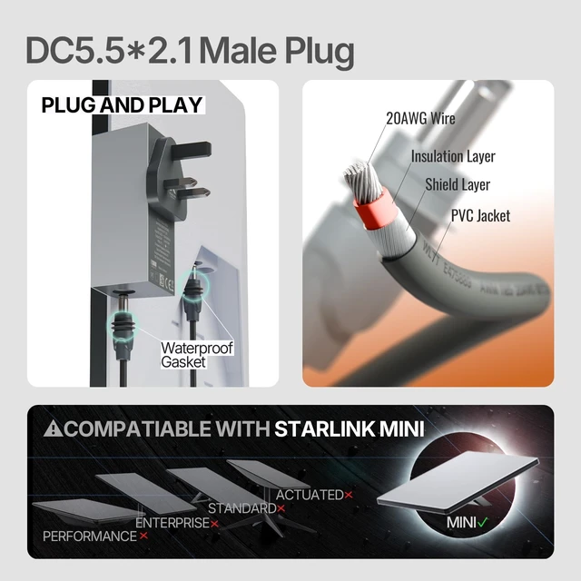 Alt view image 2 of 6 - Starlink Mini Cable with Waterproof Silicone Ring, Starlink Mini Cord Starlink Mini Power Cable Compatible with Outdoor DC to DC Accessories for Starlink Mini dc Power Cable (16.4FT/5M)