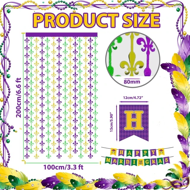 Alt view image 2 of 7 - Mardigras Decor Backdrops Kit, 2 Pcs Purple Green Gold Fleur De Lis Tinsel Foil Curtains & 1 Set Paper Banner Large Photo Booth Props Carnival Party Fat Tuesday Celebration Supplies
