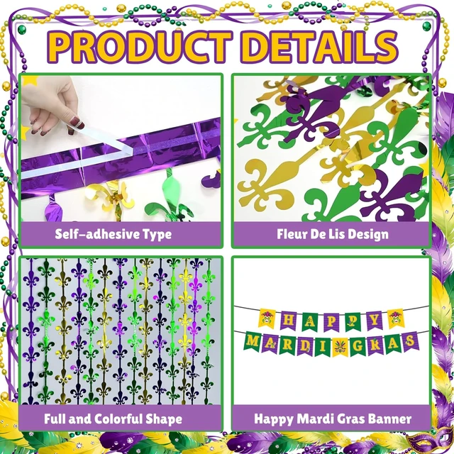 Alt view image 3 of 7 - Mardigras Decor Backdrops Kit, 2 Pcs Purple Green Gold Fleur De Lis Tinsel Foil Curtains & 1 Set Paper Banner Large Photo Booth Props Carnival Party Fat Tuesday Celebration Supplies