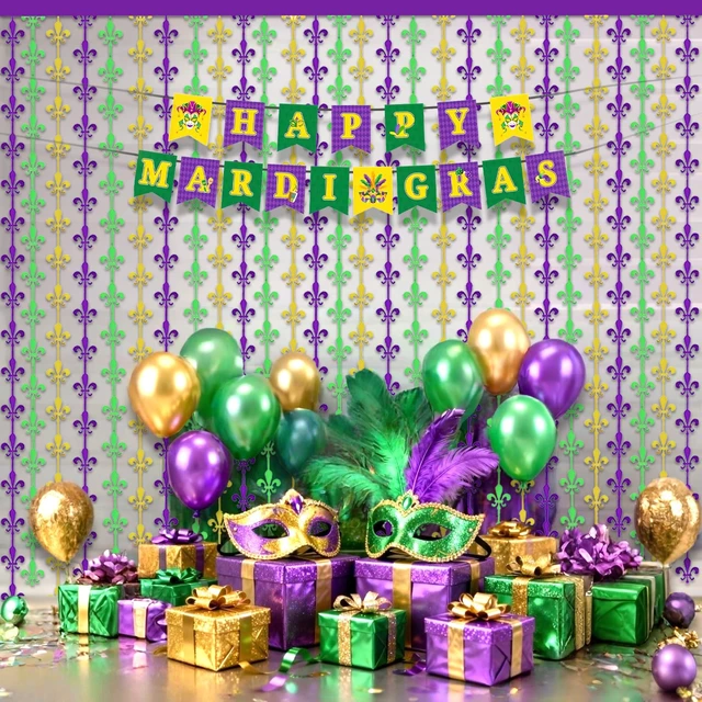 Alt view image 4 of 7 - Mardigras Decor Backdrops Kit, 2 Pcs Purple Green Gold Fleur De Lis Tinsel Foil Curtains & 1 Set Paper Banner Large Photo Booth Props Carnival Party Fat Tuesday Celebration Supplies