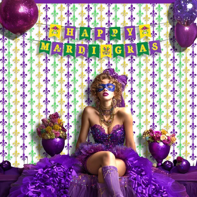 Alt view image 7 of 7 - Mardigras Decor Backdrops Kit, 2 Pcs Purple Green Gold Fleur De Lis Tinsel Foil Curtains & 1 Set Paper Banner Large Photo Booth Props Carnival Party Fat Tuesday Celebration Supplies