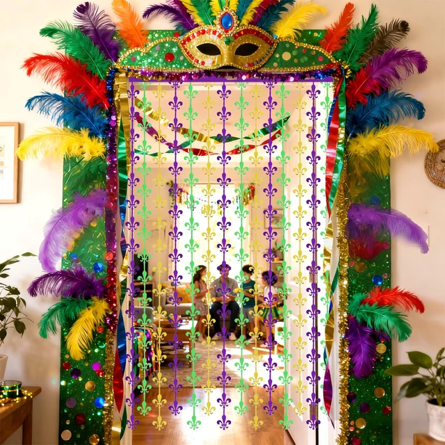 Alt view image 5 of 7 - Mardigras Decor Backdrops Kit, 2 Pcs Purple Green Gold Fleur De Lis Tinsel Foil Curtains & 1 Set Paper Banner Large Photo Booth Props Carnival Party Fat Tuesday Celebration Supplies