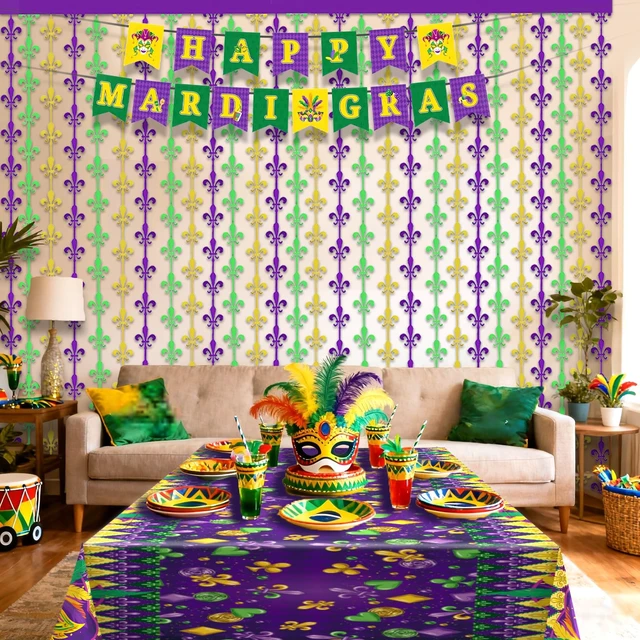 Alt view image 6 of 7 - Mardigras Decor Backdrops Kit, 2 Pcs Purple Green Gold Fleur De Lis Tinsel Foil Curtains & 1 Set Paper Banner Large Photo Booth Props Carnival Party Fat Tuesday Celebration Supplies
