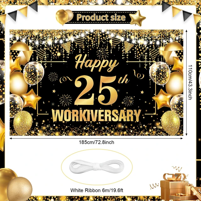 Alt view image 4 of 7 - 25 Year Work Anniversary Decorations Happy 25th Workiversary Banner Black Gold Happy 25th Work Anniversary Backdrop Employee Appreciation Banner Decorations 25 Year Workiversary Gifts for Employee