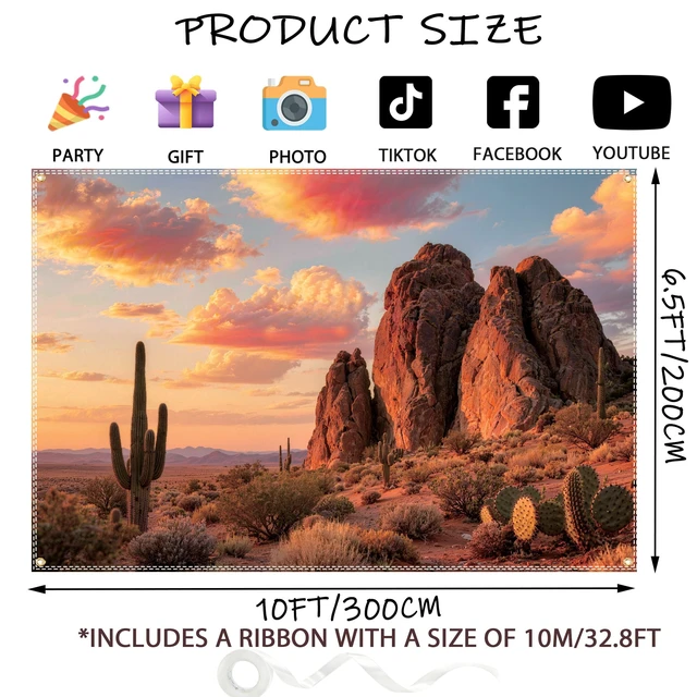 Alt view image 2 of 6 - 10x6.5ft Extra-Large Desert Backdrop Wild West Backdrop Natural Scenery Cactus Fiery Clouds Holiday Background for Desert Party Decoration with 19.68ft Ribbon