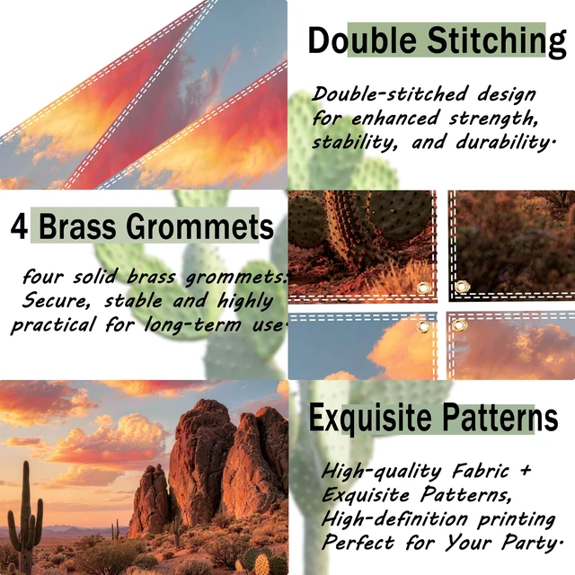 Alt view image 4 of 6 - 10x6.5ft Extra-Large Desert Backdrop Wild West Backdrop Natural Scenery Cactus Fiery Clouds Holiday Background for Desert Party Decoration with 19.68ft Ribbon
