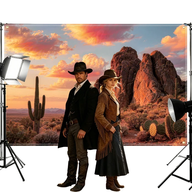 Alt view image 5 of 6 - 10x6.5ft Extra-Large Desert Backdrop Wild West Backdrop Natural Scenery Cactus Fiery Clouds Holiday Background for Desert Party Decoration with 19.68ft Ribbon