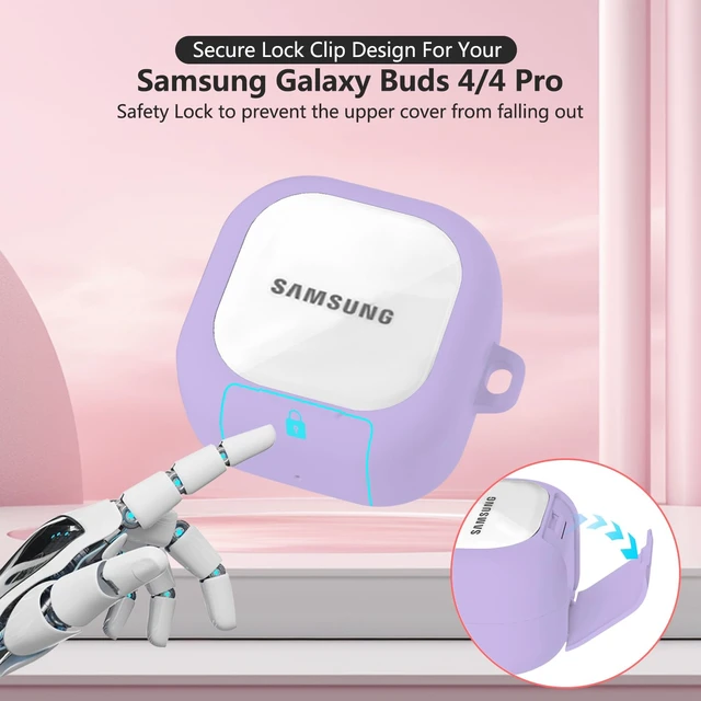 Alt view image 2 of 7 - Secure Lock for Samsung Galaxy Buds 4 Pro Case/Galaxy Buds 4 Case Clear,Shockproof for Samsung Galaxy Bud 4/4 Pro Cover with Phone Stand,Hybrid PC+TPU Skin with Carabiner&Cleaning Pen-Purple