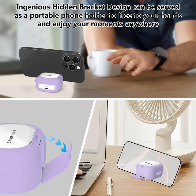 Alt view image 3 of 7 - Secure Lock for Samsung Galaxy Buds 4 Pro Case/Galaxy Buds 4 Case Clear,Shockproof for Samsung Galaxy Bud 4/4 Pro Cover with Phone Stand,Hybrid PC+TPU Skin with Carabiner&Cleaning Pen-Purple