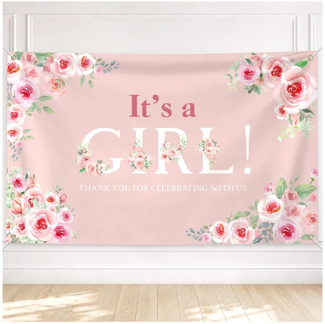 Main image of 6 × 3.6 ft Its a Girl Baby Shower Backdrop Banner with Metal Eyelets and String Pink Rose Floral Girl Shower Gender Reveal Party Decorations Photo Booth Welcome Background
