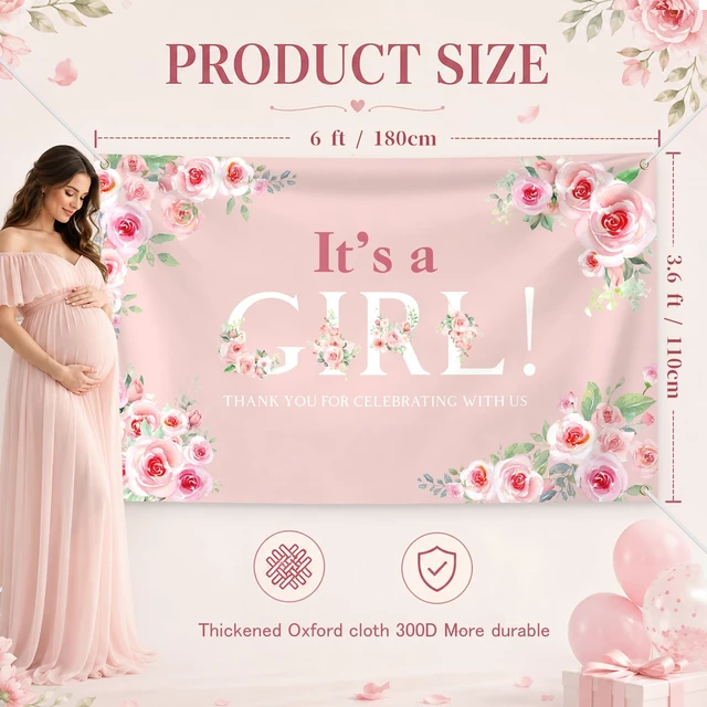 Alt view image 2 of 7 - 6 × 3.6 ft Its a Girl Baby Shower Backdrop Banner with Metal Eyelets and String Pink Rose Floral Girl Shower Gender Reveal Party Decorations Photo Booth Welcome Background