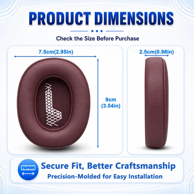 Alt view image 6 of 7 - Replacement Ear Pads for JBL Live 500BT/Live 500 BT Headphone, Extra Thick Cushions, Ear Cups Cover, Soft LeatherMemory Foam Headset Earpads (Red)