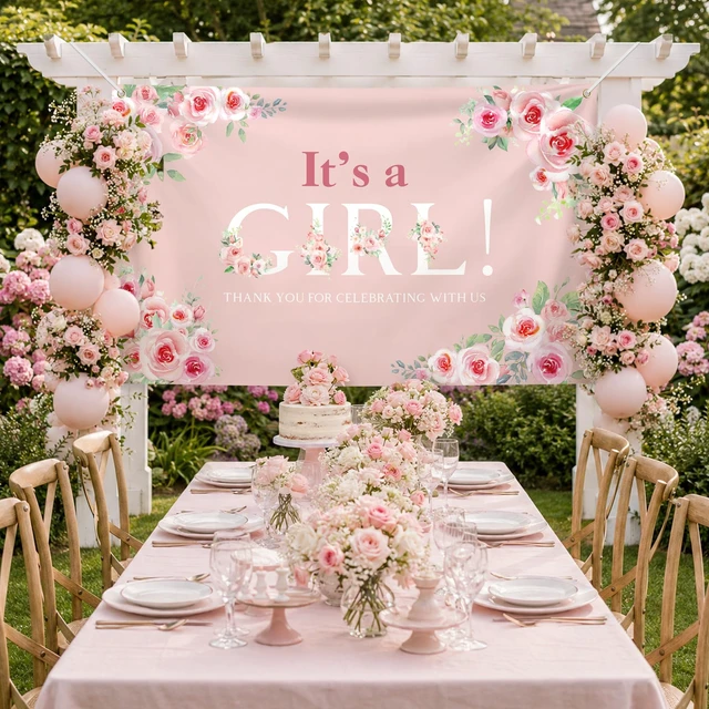 Alt view image 5 of 7 - 6 × 3.6 ft Its a Girl Baby Shower Backdrop Banner with Metal Eyelets and String Pink Rose Floral Girl Shower Gender Reveal Party Decorations Photo Booth Welcome Background
