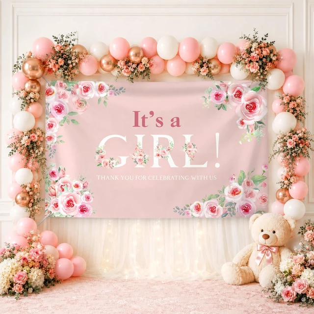 Alt view image 6 of 7 - 6 × 3.6 ft Its a Girl Baby Shower Backdrop Banner with Metal Eyelets and String Pink Rose Floral Girl Shower Gender Reveal Party Decorations Photo Booth Welcome Background