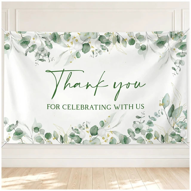 Main image of 6×3.6 ft Wedding Baby Shower Backdrop Banner Welcome Background Greenery Eucalyptus Sage Green with Golden Metal Eyelet and String Thank You for Celebrating with Us Bridal Shower Party Decor