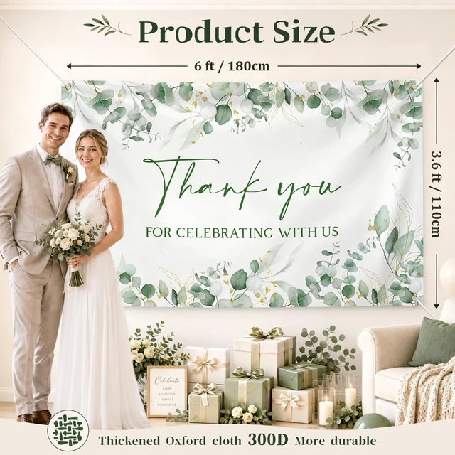 Alt view image 2 of 6 - 6×3.6 ft Wedding Baby Shower Backdrop Banner Welcome Background Greenery Eucalyptus Sage Green with Golden Metal Eyelet and String Thank You for Celebrating with Us Bridal Shower Party Decor